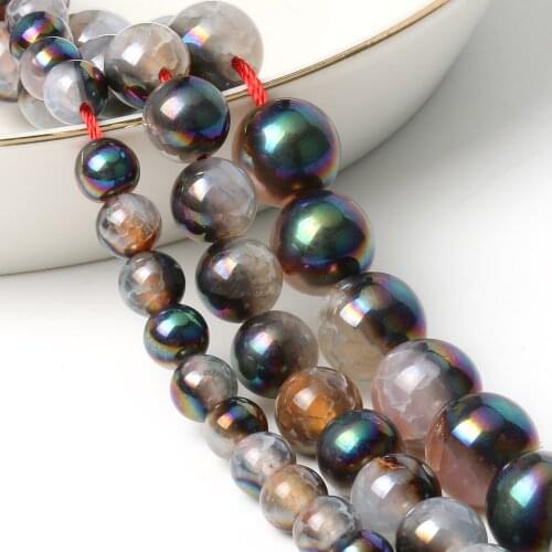 Black Multicolor Cracked Dragon Fire Agates Metallic Coated Natural Stone Loose Bead for Jewelry Making DIY Bracelets 6 8 10mm