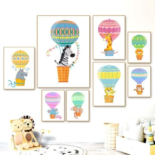 Color Hot Air Balloon Lion Tiger Zebra Nordic Posters And Prints Wall Art Canvas Painting Cartoon Wall Pictures Kids Room Decor