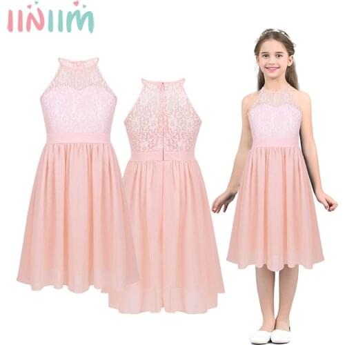 Iiniim Kids Girls Wedding Vestidos Dress Lace Chiffon Halter Neck Flower Dress Princess Dresses Formal Communion Prom Clothing