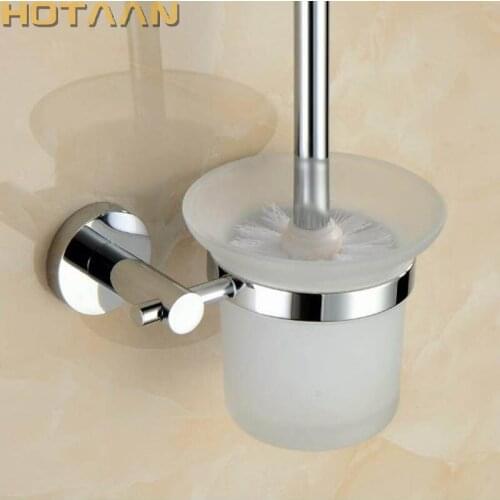 Chrome Color Plated Solid Brass Wall Mount Mounted Toilet Brush Holder With Tempered Glass Cup Holder For Bathroom Accessories