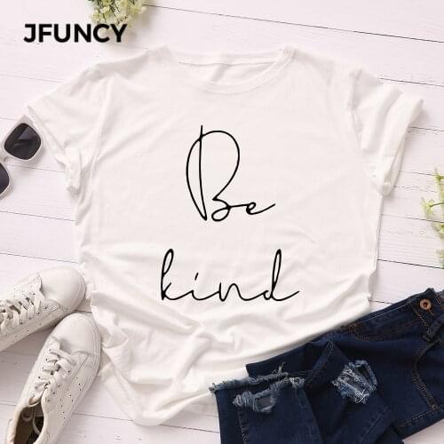 JFUNCY Plus Size Women T Shirt New BE KIND Letter Print T-shirts Female Short Sleeve Cotton Tees Tops Woman Summer Tshirt