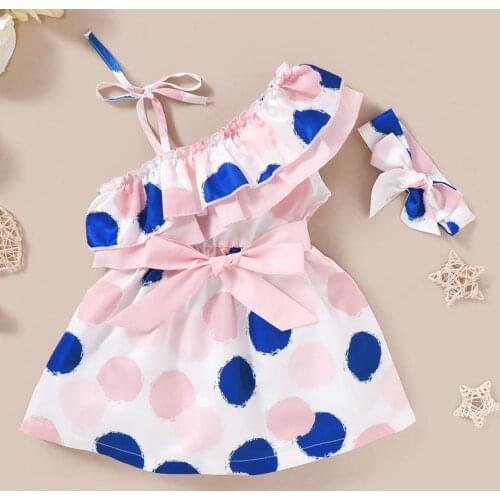Fashion Toddler Baby Girl 2pcs Dress Set Toddler Dot Print Half Shoulder Dress Bow Ruffled Lace Hair Band Children Outwear