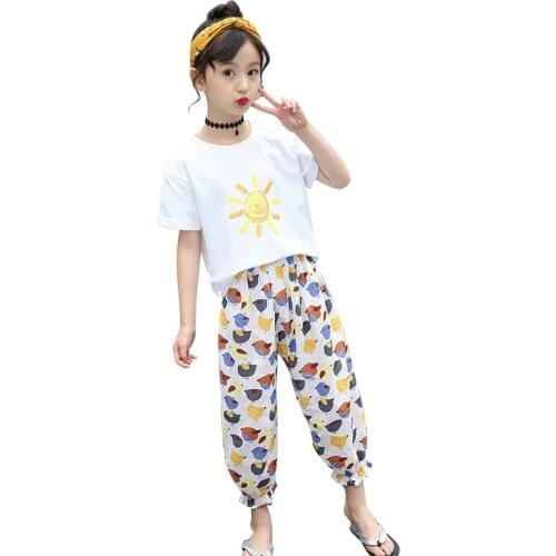 New Girls Set Print Shirts And Pants 4-12 Old Kids Tracksuit Summer Girls Clothes 9ST075