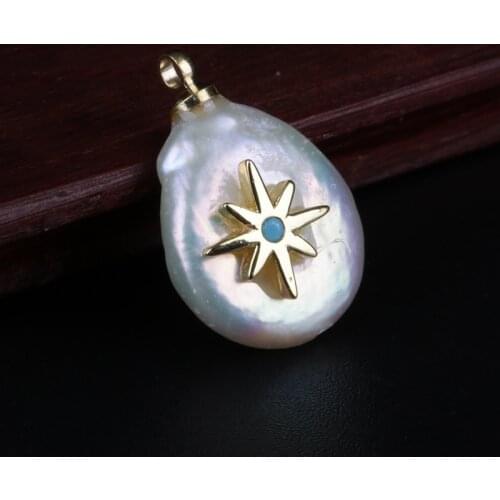 Gold micro paved blue cz star charms flat natural offwhite freshwater pearl bead pendant charm for diy jewelry making for choker