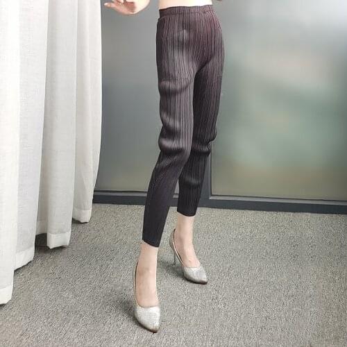 Casual Straight Leg Pants For Women Miyak Pleated Slim Leggings Elastic Folds Solid Color Pocket Cropped Trousers Plus Size