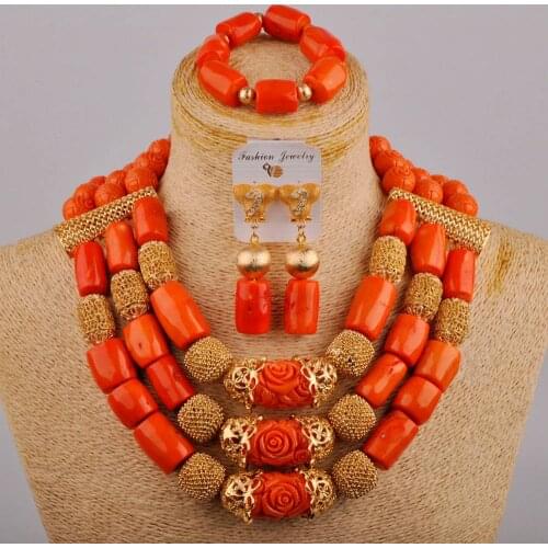 Gorgeous African Jewelry Set New Designs 3 Layers Orange Nigerian Coral Beads Jewellery Set 2021 Bridal Wedding Coral Set