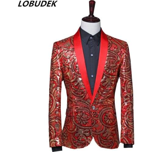 Vintage Red Blue Embroidery Sequins Suits Jacket Shawl Collar Sequined Blazers Men Singer Chorus Host Prom Performance Slim Coat