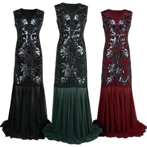 Vintage 1920s Long Formal Dress Sleeveless Embroidery Floral Sequin Party Dress Sexy Maxi Mermaid Dress Vestido Lady Party Dress