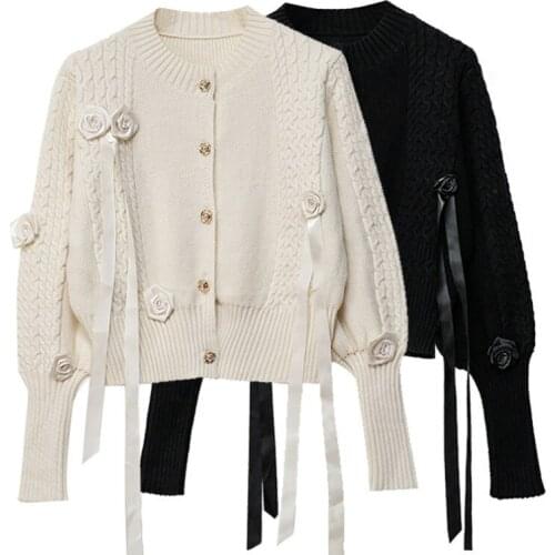 Luxury 3D Roses Crocheted Knitted Cardigan with Streamers Soft Thin Single-breasted Sweater Coat Girl Lantern Sleeve Crop Tops