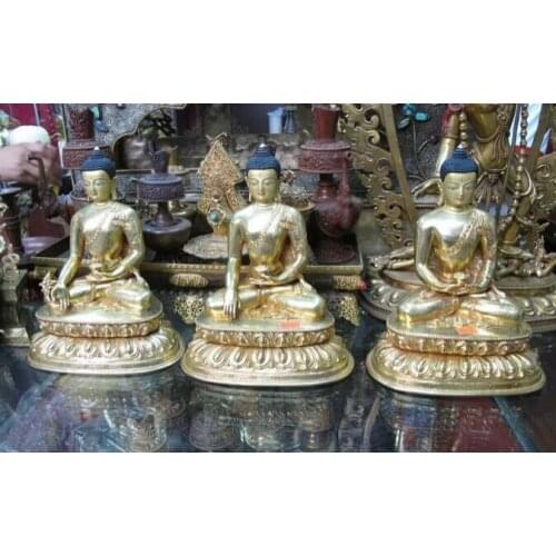 Xd 001589 9.5"Nepal Buddhism pure Bronze 24K Gold carve Three Sakyamuni Buddha Statue