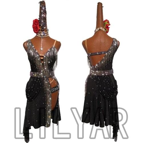 Latin Dance Dress Latin Skirt Competition Dress Costumes Performing Dress Practice Skirt Customize Adult Kids Lady Black Tassel
