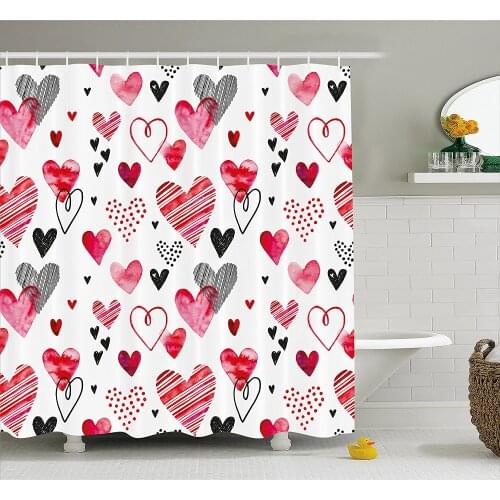 Valentine Shower Curtain Different Types of Heart Shapes Romance Love Theme Watercolor Striped Art Bathroom Curtains Home Decor