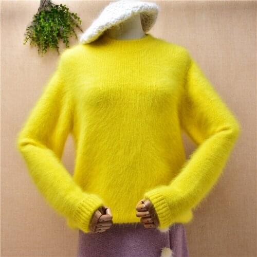 Female women autumn winter clothing yellow angora rabbit hair knitwear long sleeves o-neck loose pullover angora fur sweater top