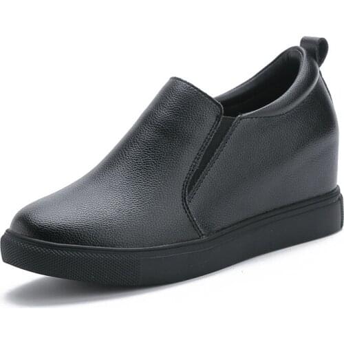 2021 Womens Genuine Leather Shoes Height Increasing Insole Wedge Shoes Mid Heel Casual Shoes S 31 32 33