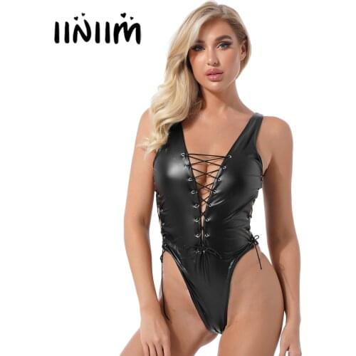 Womens High Cut Leotard Catsuit Clubwear Plunging Neckline Lace-up Faux Leather Lingerie Bodysuit Hollow Out Sleeveless Jumpsuit