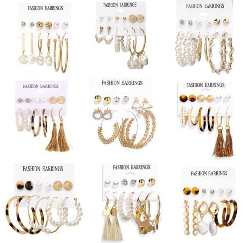 Oversize faux pearl tassel Earrings Acrylic set earrings 6 PAIRS/CARD 12CARDS/LOT E-064