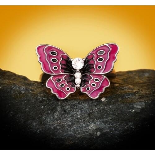 Exquisite And Playful Epoxy Pink Butterfly Enamel Zircon Ring Female Wedding Engagement Travel Party Gift For Women Jewelry