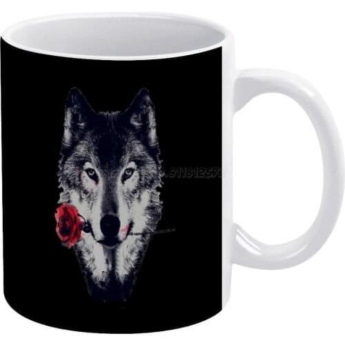 Wolf Rose White Mug 11 Oz Funny Ceramic Coffee/Tea/Cocoa Mug Unique Gift Wolf Rose Red Black White Gray Grey Emo Dog Flower Cool