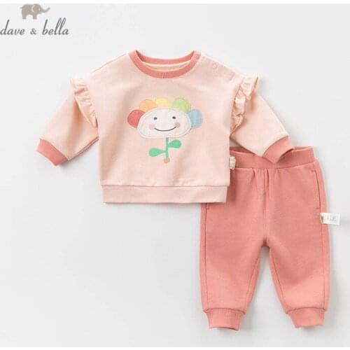 DBZ13321 dave bella spring baby girls fashion cartoon floral ruched clothing sets kids cute long sleeve sets children 2 pcs suit
