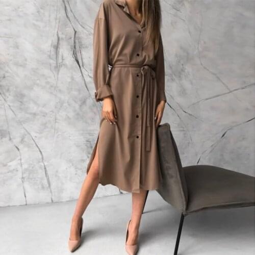 Dabourfeel Fashion Satin Casual Pockets Button Down Dress With Belt Women Turn Down Collar Long Sleeve Midi Dresses 2020 Autumn