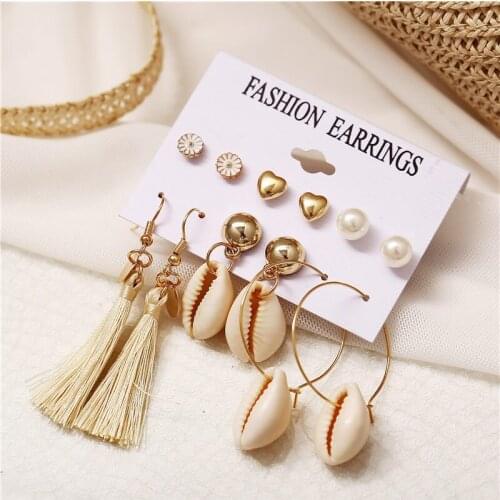 Modyle Vintage Bohemian Sea Shell Tassel Dangle Earrings Set For Women Girl 2019 NEW Statement Shell Drop Earring Jewelry