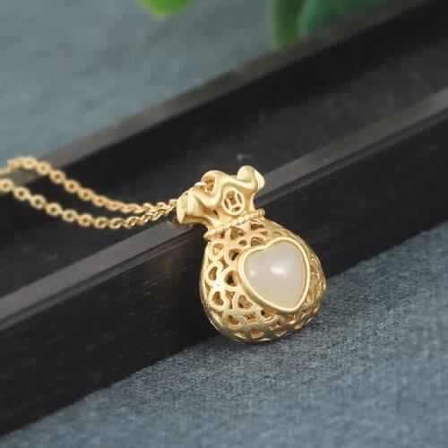 New Arrival S925 Silver Pendant White Jadeite Hollow Bag Necklace Pendant