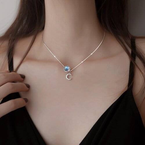 925 Sterling Silver Moonstone Round Bead Moon Charm Necklaces & Pendants For Women Girls Party Choker dz654