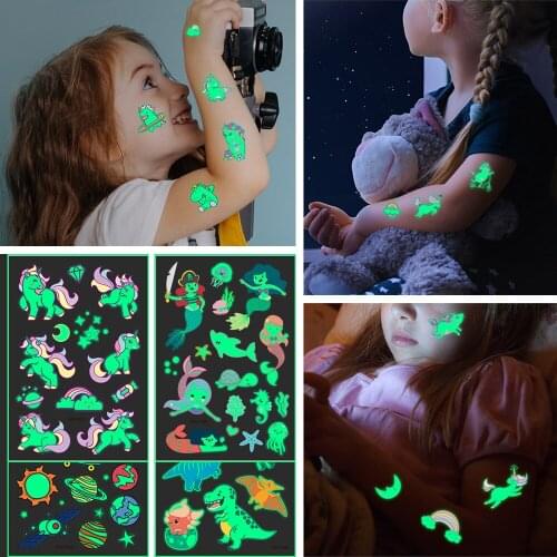 1pc Kids Luminous Cartoon Stickers Children Face Arm Leg Body Temporary Glowing Tattoo Dog Cat Panda Dinosaur Rocket Ice Cream