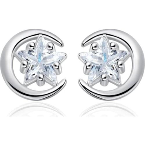 TJP Shining Crystal Star Moon Women Stud Earrings Jewelry Fashion 925 Sterling Silver Earrings For Girl Wedding Accessories Lady