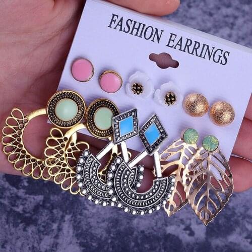 Vintage Mixed Flowers Leaves Stud Earrings Set for Women Crystal Pearl Earrings Bohemian Statement Brincos 2020 Fashion Jewelry