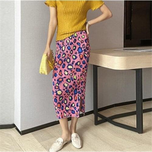 Miyake folds thin high waist leopard print fishtail bag hip skirt female summer comfortable mid-length slit life women clothing