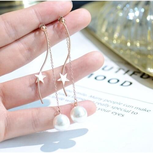YUN RUO 2018 Chic Style Star Pearl Tassel Earring Woman Rose Gold Color Titanium Steel Jewelry Girl Birthday Gift Never Fade