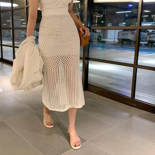 2021 Fashion New Summer Elegant Ladies Knitting Slim Bodycon Skirts Women Hollow Out Elastic High Waist Sexy Split Long Skirts