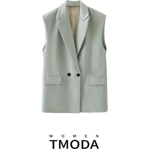 TMODA1389 Za 2021 Women Solid Color Sleeveless Blazer Vest Jacket Office Ladies Wear Casual Slim Suit Coat Pocket Outwear Outfit