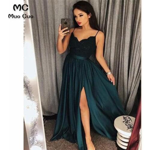 Elegant 2018 Teal Evening Dresses Long with Appliques Front Split Prom dress for teens Womens Formal Evening Dress
