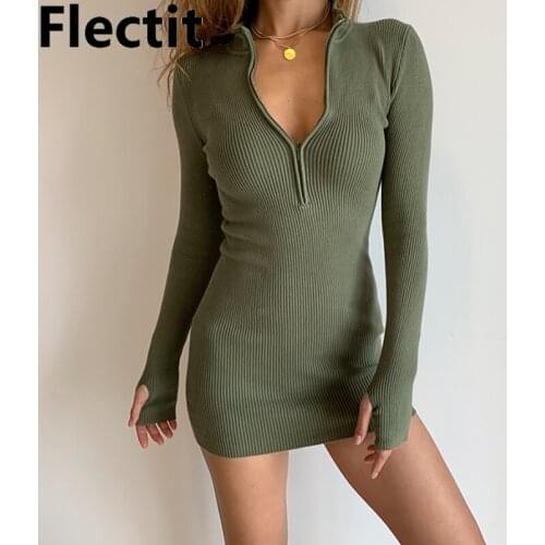 Flectit Women Ribbed Knit Mini Dress Half Zip Long Sleeve Bodycon Dress Sexy Club Outfit