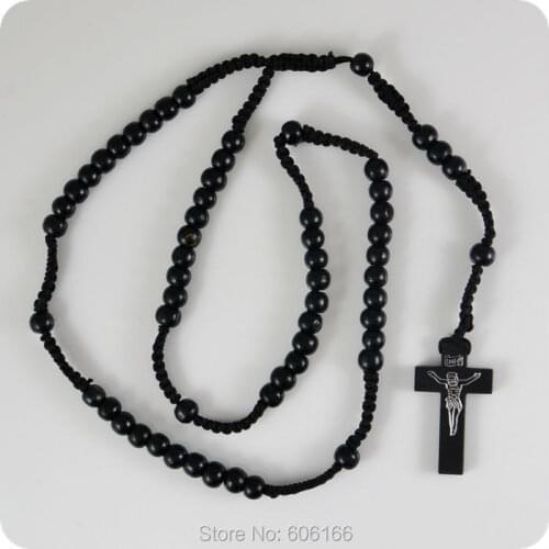 12pcs Black wood Rosary Beads INRI JESUS Cross Pendant Necklace Catholic Fashion Religious jewelry Wholesale