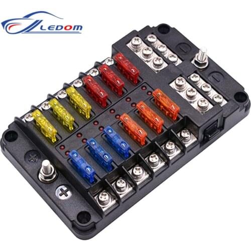 12V 32V Plastic Cover Fuse Box Holder M5 Stud With LED Indicator Light 6 Way 12 Ways Blade for Auto Car Boat Marine Trike