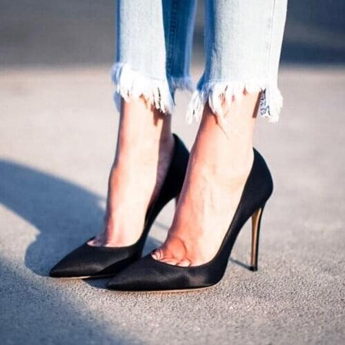 Free shipping fashion women Pumps lady Black satin Pointy toe ankle zipper high heels shoes 10cm bride Stiletto heeled