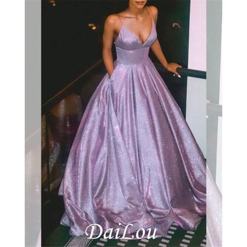 Glitter Purple Prom Dresses Long With Pockets Spaghetti Strap Formal Gown Lace Up Back 2021
