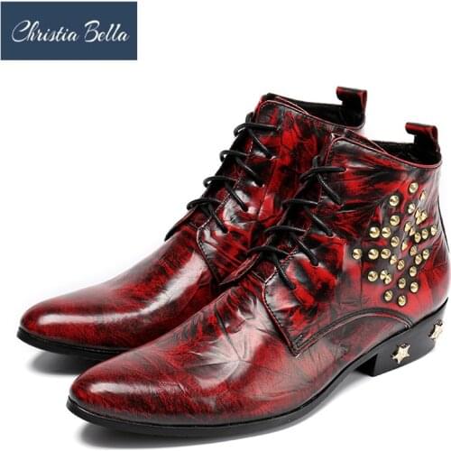 Christia Bella Winter Rivets Men Shoes Genuine Leather Boots New Fashion Pointed Toe Boots Plus Size Ankle Lace up Boots