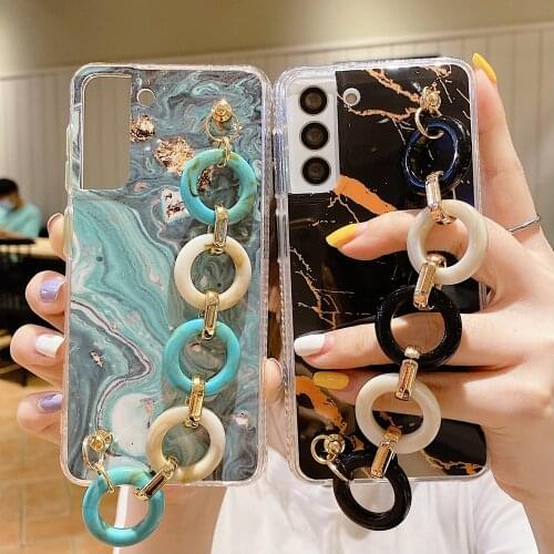 Coloured Glazed Marble Bracelet Phone Cases for Samsung S21 S20 ULTRA S21FE A72 A52 A32 A12 5G Chain Wrist Strap Soft Shell