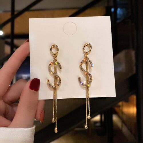 2020 Letter Full Rhinestone S Long Tassel Earrings Dongdaemun, Korea, All-match Earrings Fashion Student Female Earrings