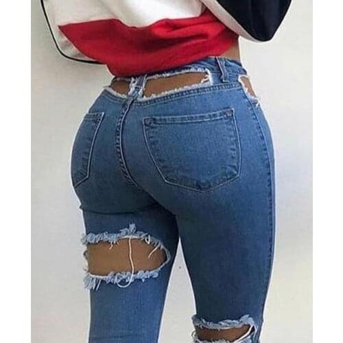 Cut Out Fashion Denim Pants Women Girls Ladies Hot Sexy Casual Hole Jeans Retro Solid Pencil Trousers Street Skinny High Waist