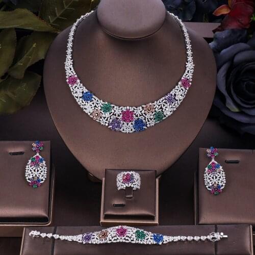 Janekelly 4pcs Bridal Zirconia Full Jewelry Sets For Women Party, Luxury Dubai Nigeria CZ Crystal Wedding Jewelry Sets