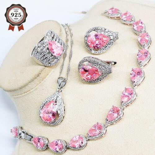 Pink Cubic Zirconia Wedding Jewelry Sets For women Drop Water Necklace Hoop Earring Ring Bracelets birthday Gift