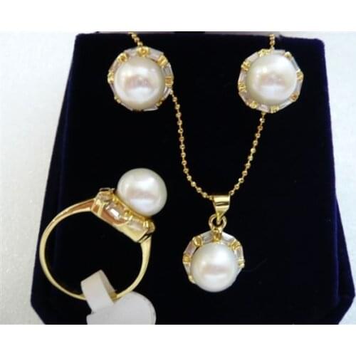 Beautiful 4-color Lovely jade&Shell Pearl&Crystal Pendants Necklace earring Ring Set