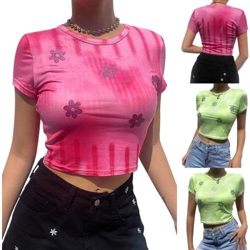 Womens Tie Dye Crop Tops Glitter Floral Sequin Short Sleeve Crew Neck Slim Fit T-Shirts Sexy Slim Fit T-Shirt Polyester Crop top