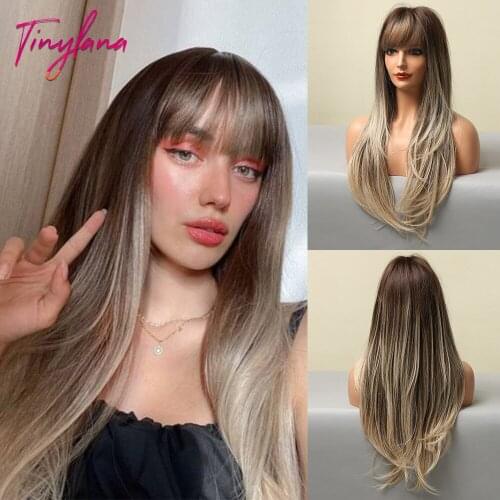 TINY LANA Dark Brown Blonde Synthetic Wigs with Full Bangs Long Silky Straight Wigs For Black Women Cosplay Party Heat Resistant