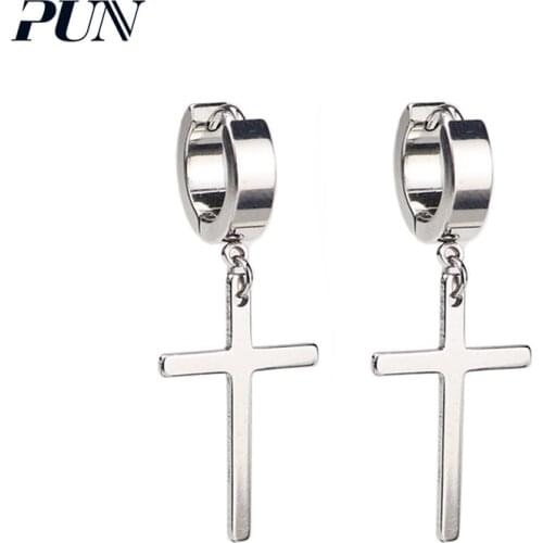 PUN Punk Round Earrings Stainless Steel Chain Earrings Cross Earrings For Men/Women Cross Tassel Earrings Steel Korean earrings
